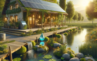Vista serena de La Casa y La Cabaña del Lago en Albufera de Anna, con paneles solares y sistema Smart Water integrado en un entorno natural sostenible.